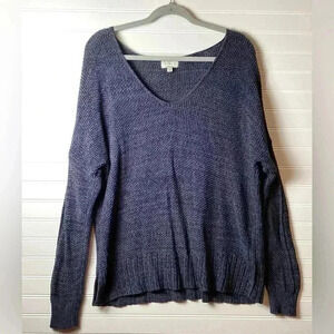 Lucky Brand Navy Blue cotton V Neck Mesh knit Top Pullover Size Medium